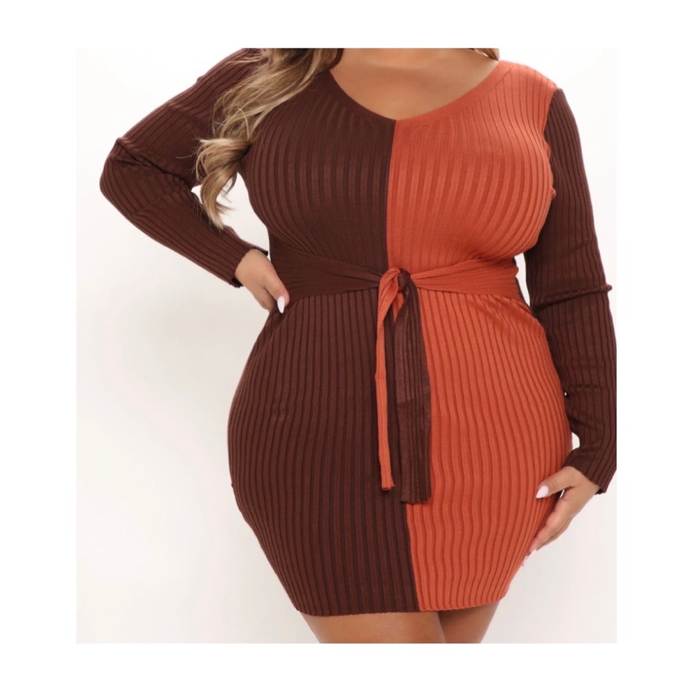 🟠 PLUS 3X Sweater V-Neck Dress (Brown & Orange)